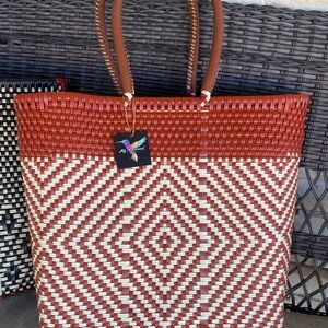 Stylish Red and Cream Woven Tote Bag